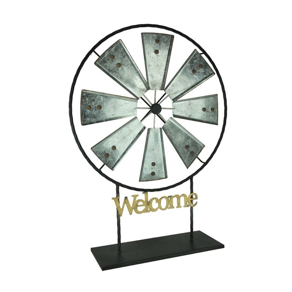 Black and Silver Metal Spinning Windmill Welcome Sign Sculpture